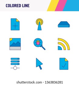 Vector illustration of 9 internet icons colored line. Editable set of checked file, cursor, router and other icon elements.