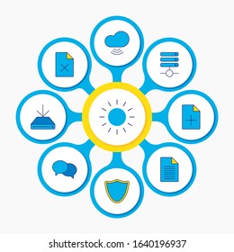 Vector illustration of 9 internet icons colored line. Editable set of database, download, loading and other icon elements.