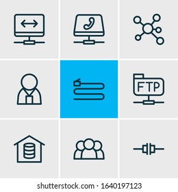 Vector illustration of 9 internet icons line style. Editable set of root server, voip gateway, administrator and other icon elements.