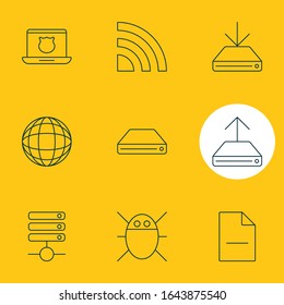 Vector illustration of 9 internet icons line style. Editable set of wifi, hard drive backup, globe and other icon elements.