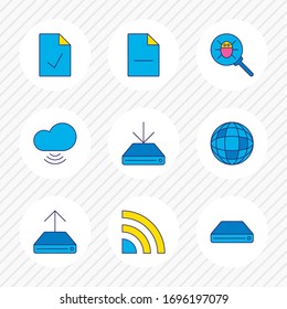 Vector illustration of 9 internet icons colored line. Editable set of checked file, antivirus, delete file and other icon elements.