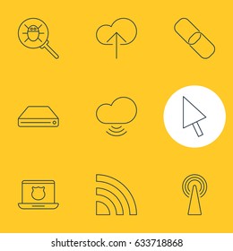 Vector Illustration Of 9 Internet Icons. Editable Pack Of Wireless Network, Secure Laptop, Cloud Download And Other Elements.