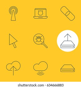 Vector Illustration Of 9 Internet Icons. Editable Pack Of Cloud Download, Bug, Hard Drive Disk And Other Elements.