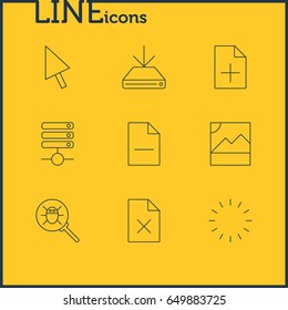 Vector Illustration Of 9 Internet Icons. Editable Pack Of Document Adding, Waiting, Bug And Other Elements.