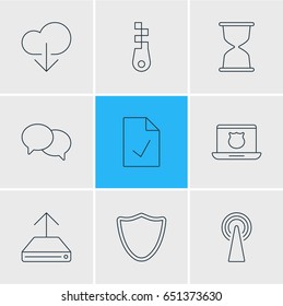 Vector Illustration Of 9 Internet Icons. Editable Pack Of Checked Note, Safeguard, Router And Other Elements.