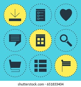 Vector Illustration Of 9 Internet Icons. Editable Pack Of Love, Map Marker, Upload And Other Elements.