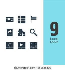 Vector Illustration Of 9 Internet Icons. Editable Pack Of Bookshelf, Target Scope, Map Marker And Other Elements.