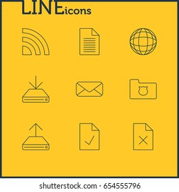 Vector Illustration Of 9 Internet Icons. Editable Pack Of Checked Note, World, Delete Data And Other Elements.