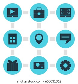 Vector Illustration Of 9 Internet Icons. Editable Pack Of Gift, Play Button, Gear And Other Elements.