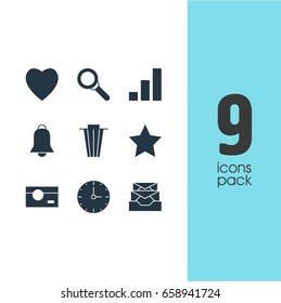 Vector Illustration Of 9 Internet Icons. Editable Pack Of Love, Notification, Messages And Other Elements.
