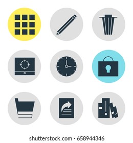 Vector Illustration Of 9 Internet Icons. Editable Pack Of Trash, Clock, Bookshelf And Other Elements.