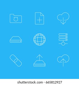 Vector Illustration Of 9 Internet Icons. Editable Pack Of Document Adding, Data Upload, Hdd Sync And Other Elements.