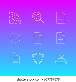 Vector Illustration Of 9 Internet Icons. Editable Pack Of Wireless Network, Safeguard, Bug And Other Elements.