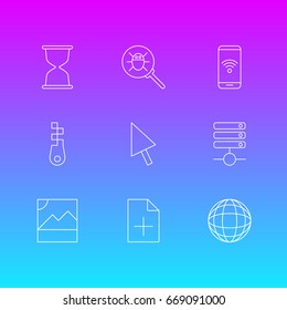 Vector Illustration Of 9 Internet Icons. Editable Pack Of Sandglass, Photo, Pointer Elements.