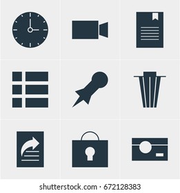 Vector Illustration Of 9 Internet Icons. Editable Pack Of Capture, Clock, Thumbtack And Other Elements.