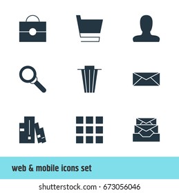 Vector Illustration Of 9 Internet Icons. Editable Pack Of Trash, Trolley, Portfolio And Other Elements.