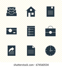 Vector Illustration Of 9 Internet Icons. Editable Pack Of Document Transfer, House, Clock And Other Elements.