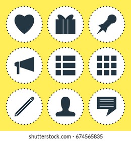 Vector Illustration Of 9 Internet Icons. Editable Pack Of Gift, Chat, Love And Other Elements.