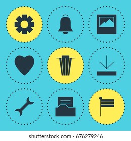 Vector Illustration Of 9 Internet Icons. Editable Pack Of Document Directory, Landscape Photo, Upload Elements.