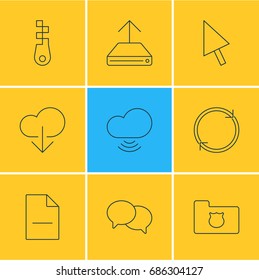 Vector Illustration Of 9 Internet Icons. Editable Pack Of Wave, Data Upload, Hdd Sync And Other Elements.