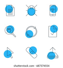 Vector Illustration Of 9 Internet Icons. Editable Pack Of Bug, Computer Virus, Telephone And Other Elements.