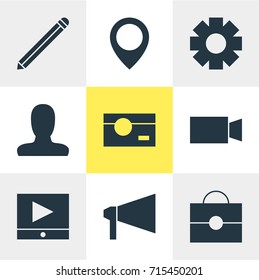 Vector Illustration Of 9 Internet Icons. Editable Pack Of Play Button, Map Pointer, Portfolio And Other Elements.