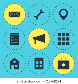 Vector Illustration Of 9 Internet Icons. Editable Pack Of Board, Date Time, Map Pointer And Other Elements.