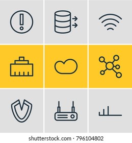 Vector illustration of 9 internet icons line style. Editable set of technology, wave, ethernet and other elements.