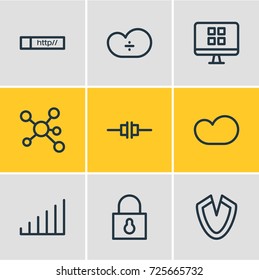 Vector Illustration Of 9 Internet; Web Icons. Editable Pack Of Link, Technology, Strong And Other Elements.