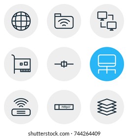 Vector Illustration Of 9 Internet; Web Icons. Editable Pack Of Database, Hosting, Link And Other Elements.