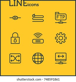 Vector Illustration Of 9 Internet; Web Icons. Editable Pack Of Wifi, Wire, Ftp And Other Elements.