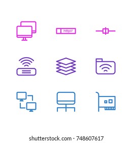 Vector Illustration Of 9 Internet; Web Icons. Editable Pack Of Archive, Link, Card And Other Elements.