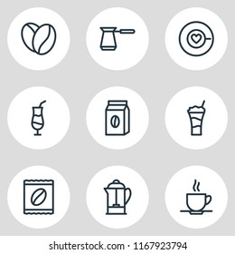 Vector illustration of 9 java icons line style. Editable set of french press, arabica bean, cappuccino and other icon elements.