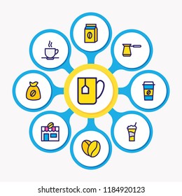 Vector illustration of 9 java icons colored line. Editable set of cezve, coffee house, cup of coffee and other icon elements.