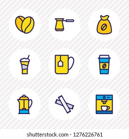 Vector illustration of 9 java icons colored line. Editable set of french press, coffee to go, cezve and other icon elements.
