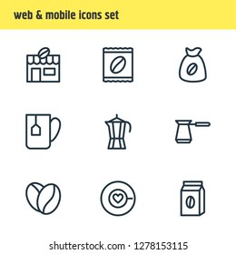 Vector illustration of 9 java icons line style. Editable set of percolator, sack, tea bag and other icon elements.