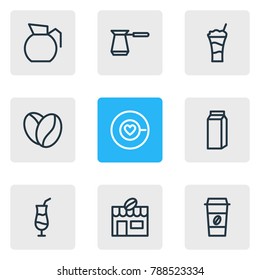 Vector illustration of 9 java icons line style. Editable set of house, mocha, saucer and other elements.