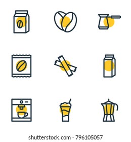 Vector illustration of 9 java icons line style. Editable set of seed, espresso, package and other elements.