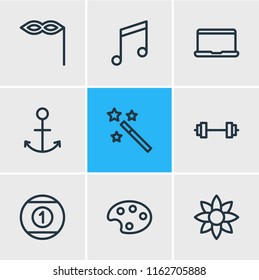 Vector illustration of 9 joy icons line style. Editable set of anchor, magic wand, mask icon elements.