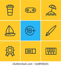 Vector illustration of 9 joy icons line style. Editable set of coffee to go, award, piano and other icon elements.