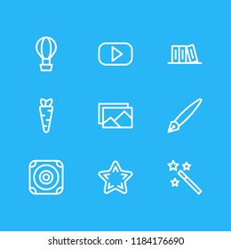Vector illustration of 9 joy icons line style. Editable set of video, carrot, library and other icon elements.