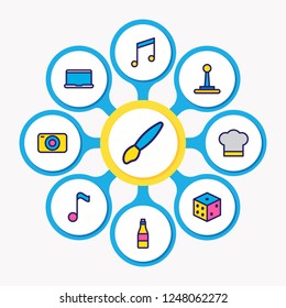 Vector illustration of 9 joy icons colored line. Editable set of quaver, brush, joystick and other icon elements.