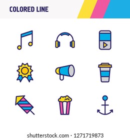 Vector illustration of 9 joy icons colored line. Editable set of anchor, coffee to go, player and other icon elements.