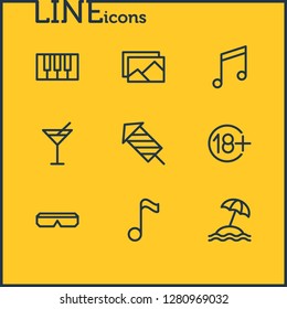 Vector illustration of 9 joy icons line style. Editable set of music note, 18+, cocktail and other icon elements.