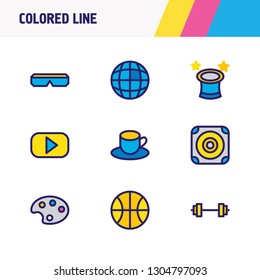 Vector illustration of 9 joy icons colored line. Editable set of loudspeaker, tea, palette and other icon elements.