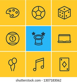 Vector illustration of 9 joy icons line style. Editable set of football, wizard, dice and other icon elements.