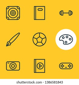 Vector illustration of 9 joy icons line style. Editable set of book, pen, football and other icon elements.