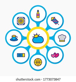 Vector illustration of 9 joy icons colored line. Editable set of tea, cook hat, loudspeaker and other icon elements.
