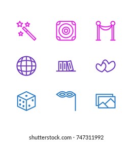 Vector Illustration Of 9 Joy Icons. Editable Pack Of Wizard Stick, Picture, Bookshelf And Other Elements.