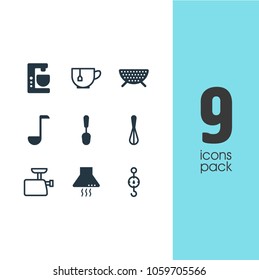 Vector illustration of 9 kitchenware icons. Editable set of spoon, tea cup, kitchen hood and other icon elements.